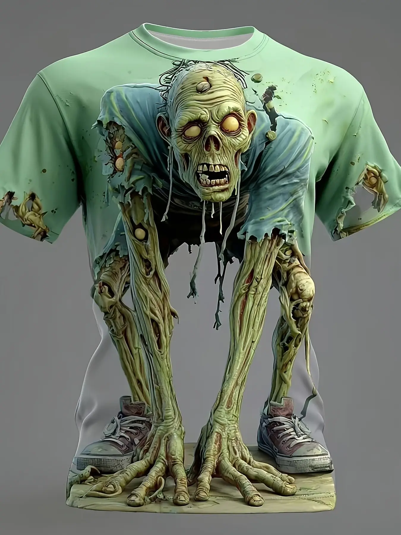 Halloween Zombie Design Short Sleeve T-Shirt, Casual Slim-Fit Long Tee, Breathable Digital Print, Perfect for Festive Occasions, Streetwear