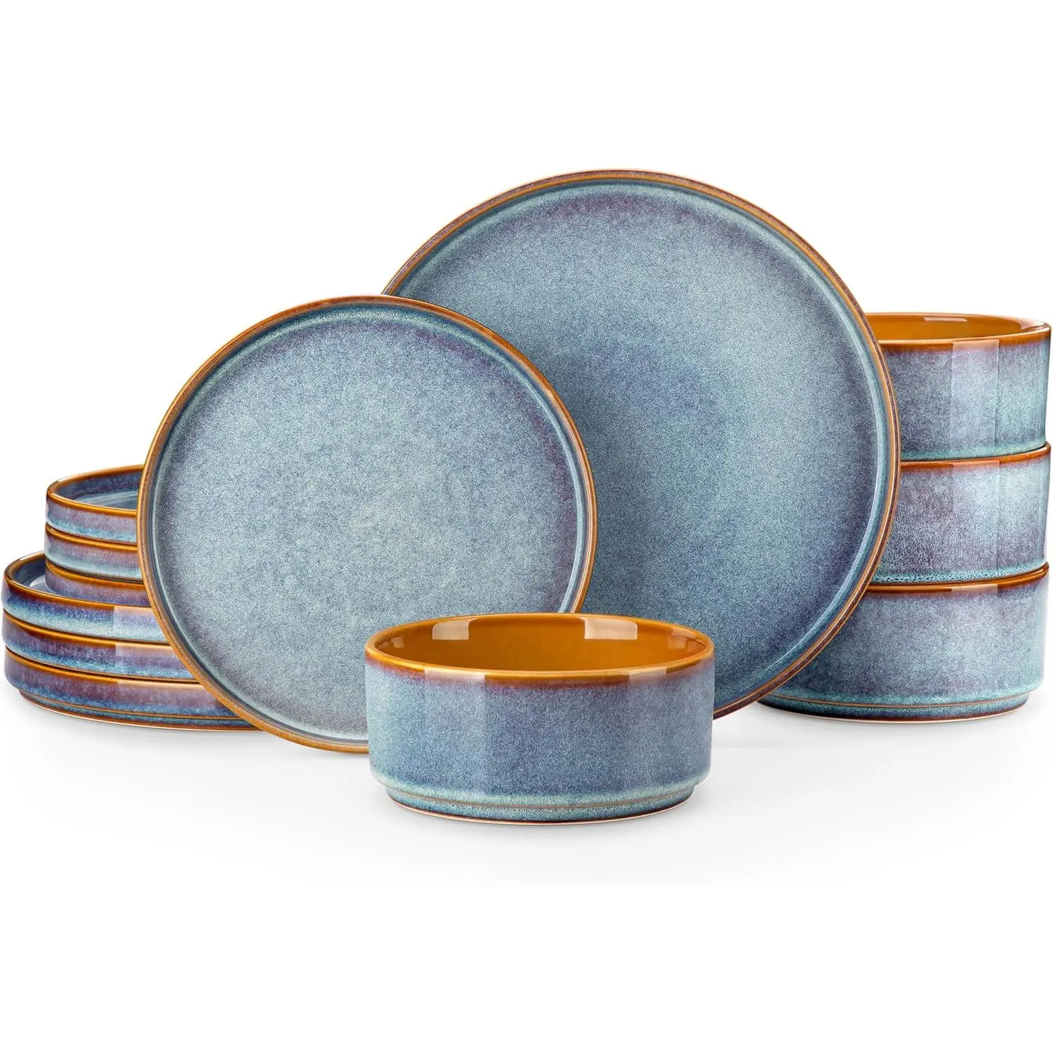 ONION Ceramic Dinnerware Sets, 12 Pieces Stoneware Plates and Bowls Sets for 4, Reactive Glaze Dishes Set for Kitchen, Dishwasher and Microwave Safe, Blue