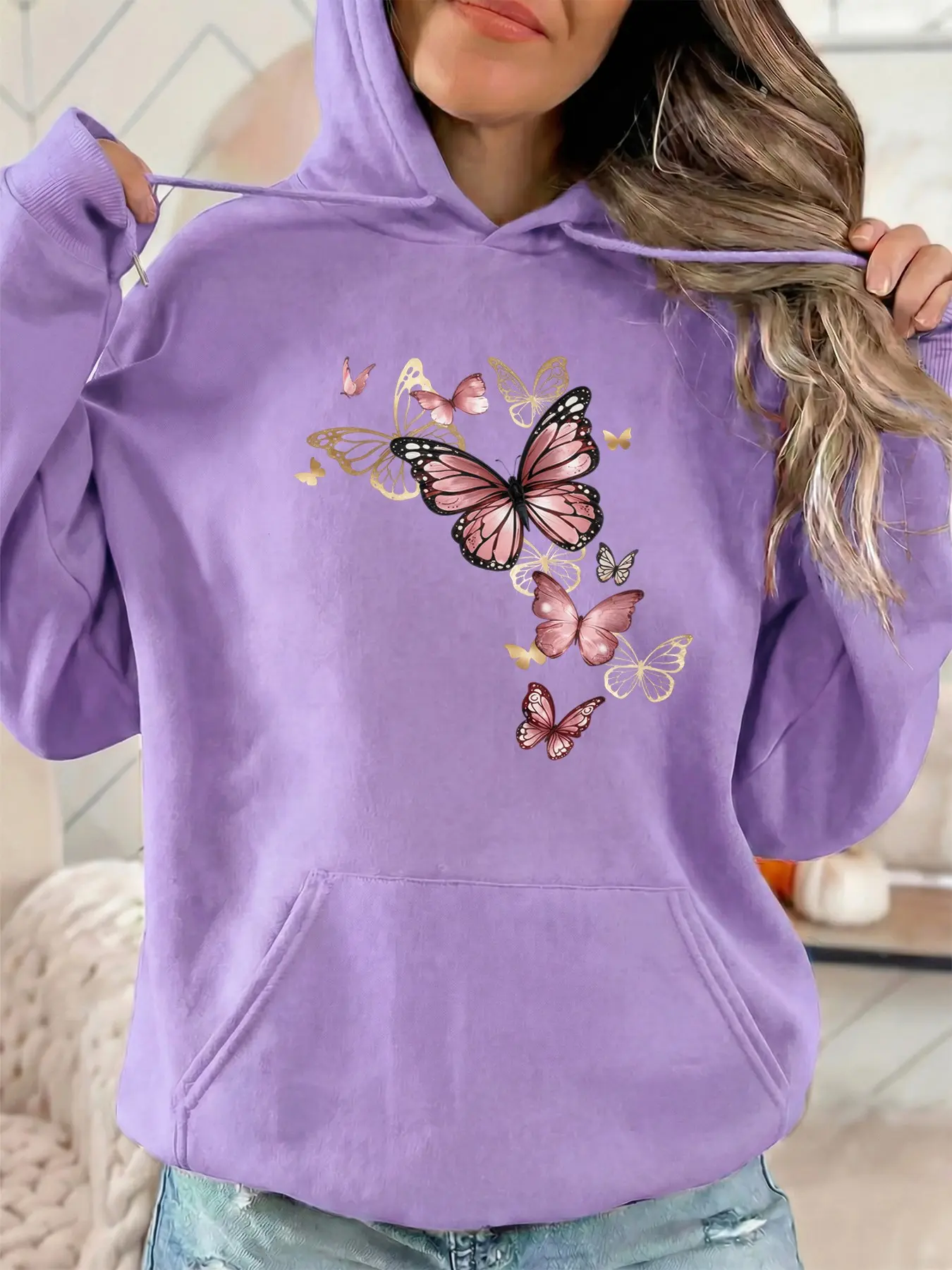 Women's Fashion Hooded Sweatshirt, Butterfly Print, Adjustable Drawstring Kangaroo Pocket, Casual Streetwear Hoodie, Fall & Winter Casual Sports Top, Perfect for Parties