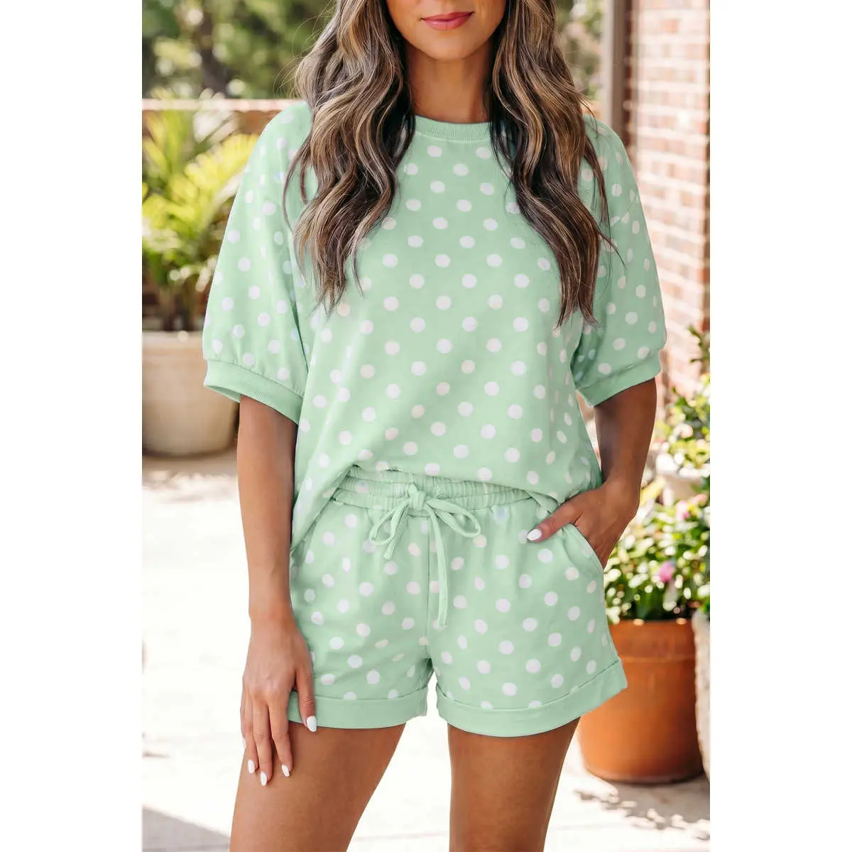 Casual Women's Clothing 2-Piece Lounge Set, Comfortable Dotted Print Ribbed Knit with Oversized Top and Shorts, 2 Piece Sets, Outfits, Clothes For Women, Woman 2 Piece Set Womenswear Fabric Crew Neck