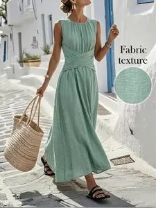 Women's Fashion Sleeveless Dress, Slim Fit Elegant Long Dress, Waist Cross Design, Casual Dresses, Suitable for Vacation and Daily Wear, Casual Comfortable