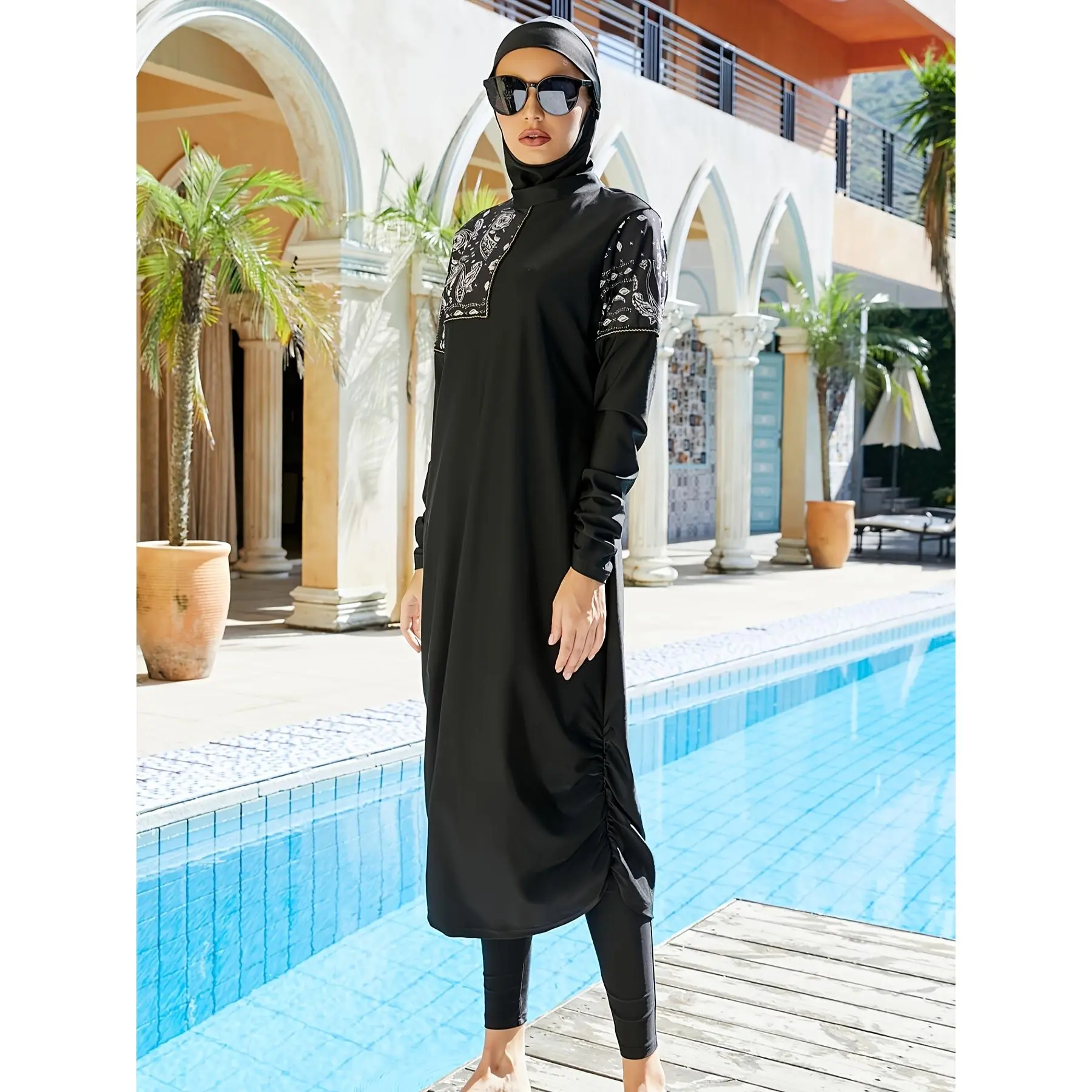 Modest 3-Piece Burkini Swimwear for Women, Long Sleeve Full Coverage Islamic Swimming Suit with Geometric Color-Block Pattern and Hood, Swimsuit Outfits, Muslim Swimwear, Burkiniswimwear, Casual Muslim Swimwear