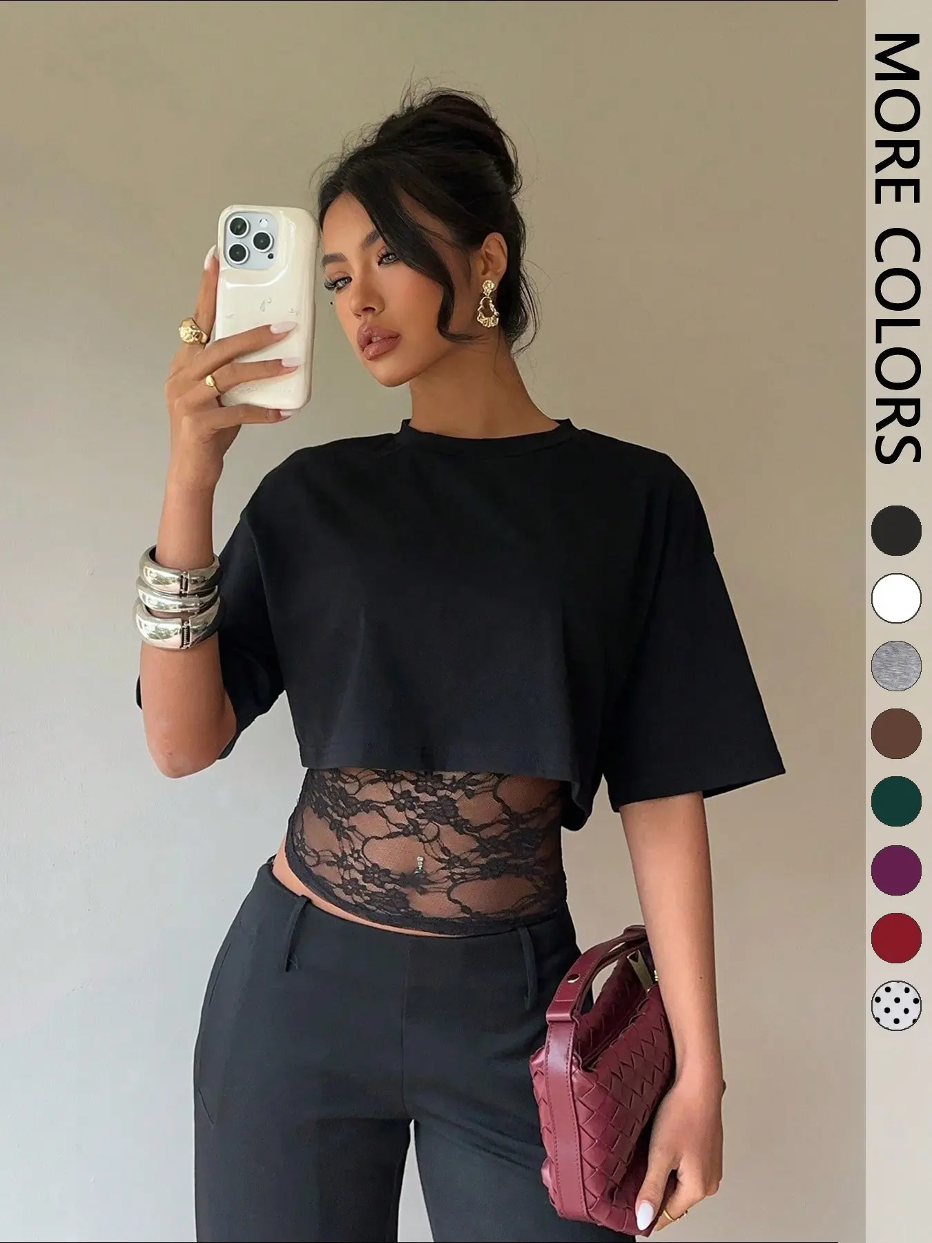 1pc Cropped T-shirt with Lace Splicing, Loose Layered Design, Sexy Casual Daily Commute Wear Summer