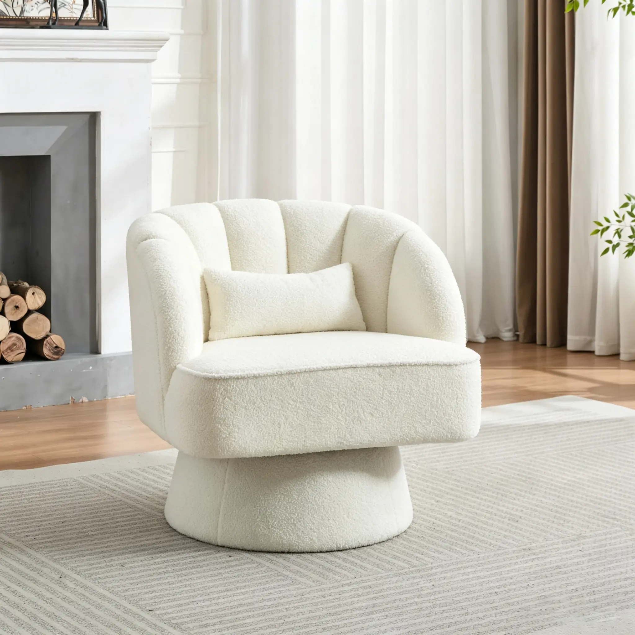 Ultra-Plush 360° Swivel Barrel Accent Chair, Velvet Upholstered Round Lounge Armchair with Cloud-Like Thick Padding & Vertical Striped Backrest, Modern Comfy Rotating Single Sofa for Living Room Bedroom Reading Nook