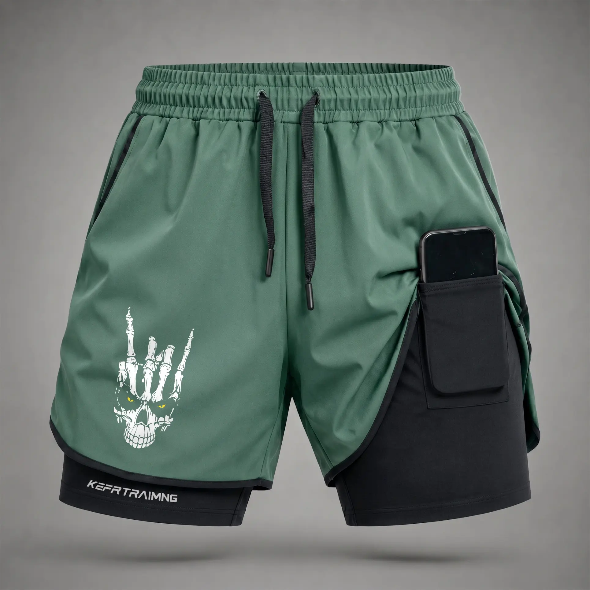 Men's 2-in-1 Sports Shorts with Skull Graphic, Anti-Chafing Compression Liner, Phone Pocket, and Towel Loop for Gym & Running, Compression Shorts, Anti-Chafing Men's Sports Shorts