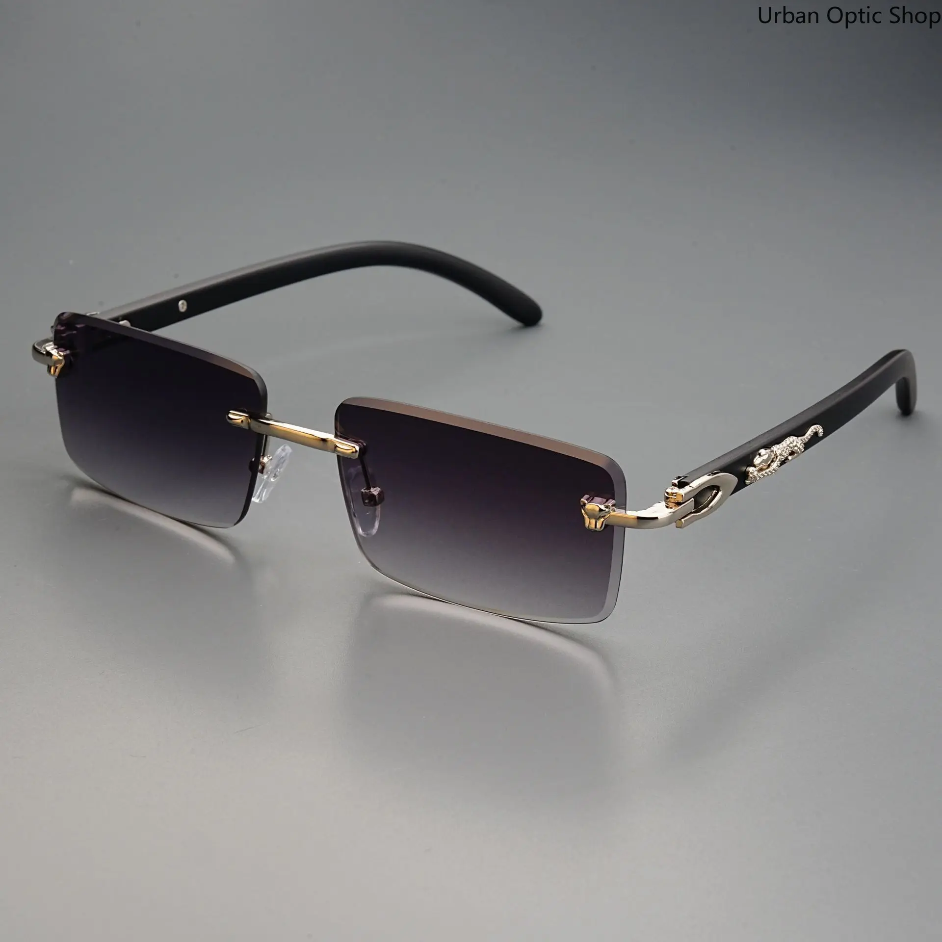 XUH Retro Rimless Rectangle Sunglasses with Wood Grain Nylon Temples and Gold Metal Accents, Gradient Lenses for Casual Street Style and Fashion Enthusiasts, Rimless Frame Men's Sunglasses, Male, Gold-Framed Men's Sunglasses