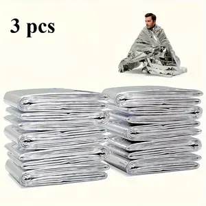 3-Pack, Extra Large Outdoor Emergency Blanket with Reflective Survival Aluminum Film for Camping, Hiking and Weather Protection - Durable Polyester Material, All Season Ground Cover (Magnesium Rod/Quartz Not Included)