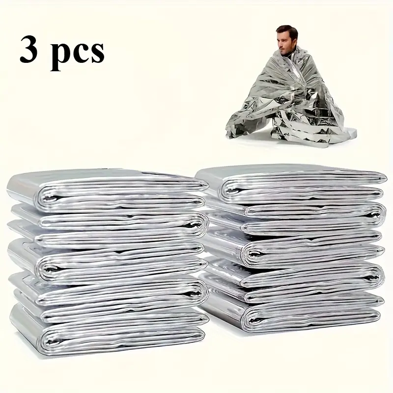 3-Pack, Extra Large Outdoor Emergency Blanket with Reflective Survival Aluminum Film for Camping, Hiking and Weather Protection - Durable Polyester Material, All Season Ground Cover (Magnesium Rod/Quartz Not Included)