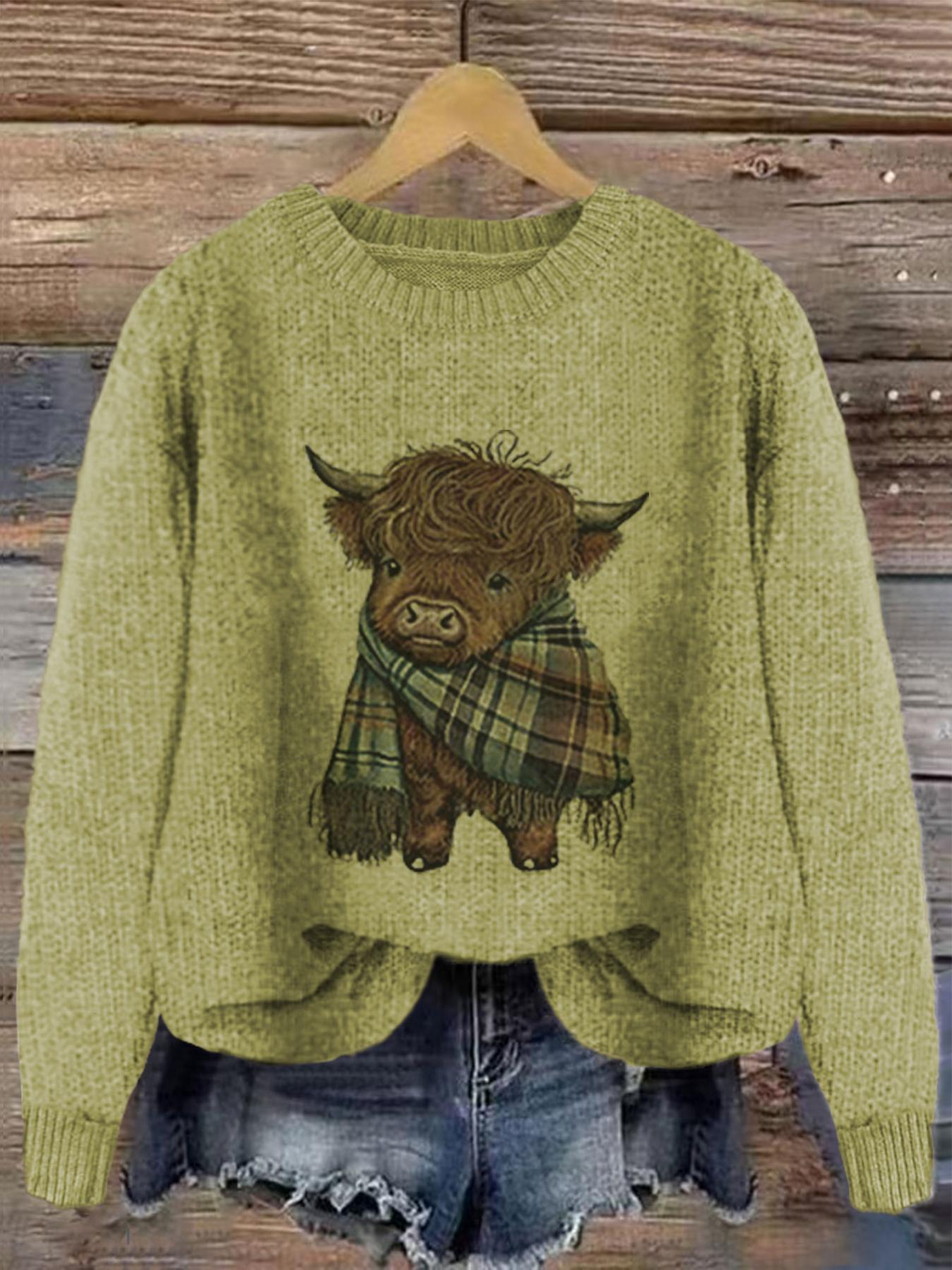 Women's Cartoon Cow Animal Print Round Neck Sweater, Casual Long Sleeve Crew Neck Jumper for Fall & Winter, Fashion Women's Knitwear for Daily Wear, Tops, Womenswear