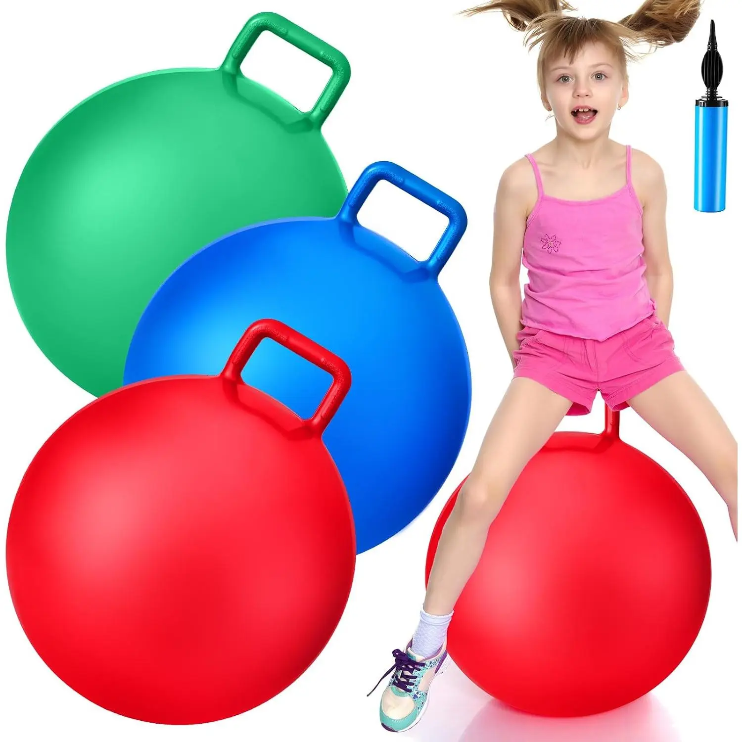 3 Pcs 22 Inch Bouncing Ball with Handle, Outdoors Hopper Jumping Hopping Ball with Air Pump for Sports Exercise, Available in Red Blue Green