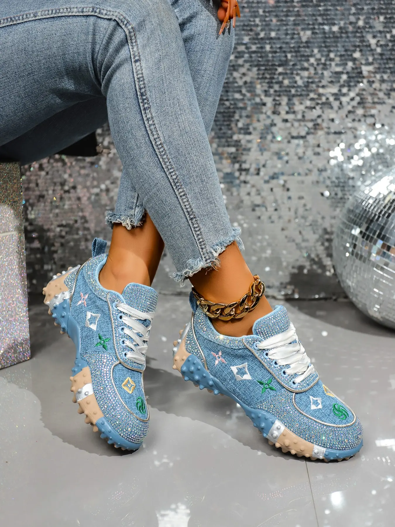 Ice Blue Denim Rhinestone Breathable Thick Sole Sneakers, Soft Denim Fabric, Multi-Layer Shock Absorption, Casual All-Season Women's Shoes, All Match Sneakers, Sparkle Platform Sneakers, Fashionable Casual Sneakers, All Seasons Sneakers