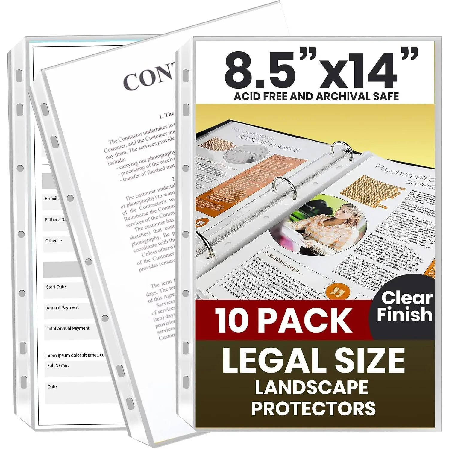 10 Pack of 8.5 x 14 Legal Size Heavyweight Clear Sheet Protectors, Plastic Legal Paper Sleeves, Clear Archival Quality, Long Sheet Protectors for Binders Documents