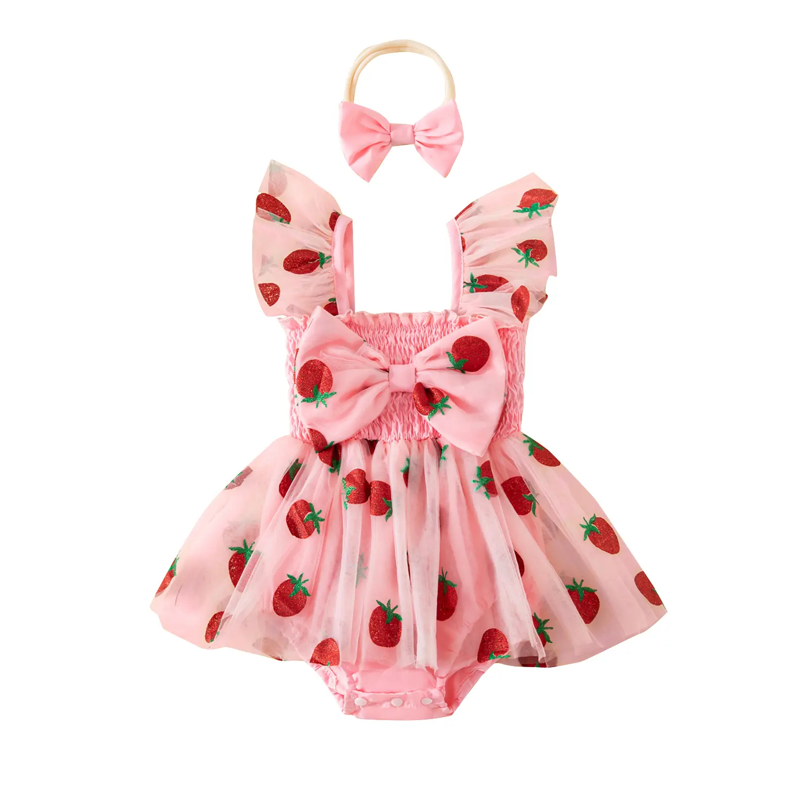 Newborn Baby Girl Outfits Sleeveless Strawberry Print Romper Dress and Bow Headband Set 0-18 Months