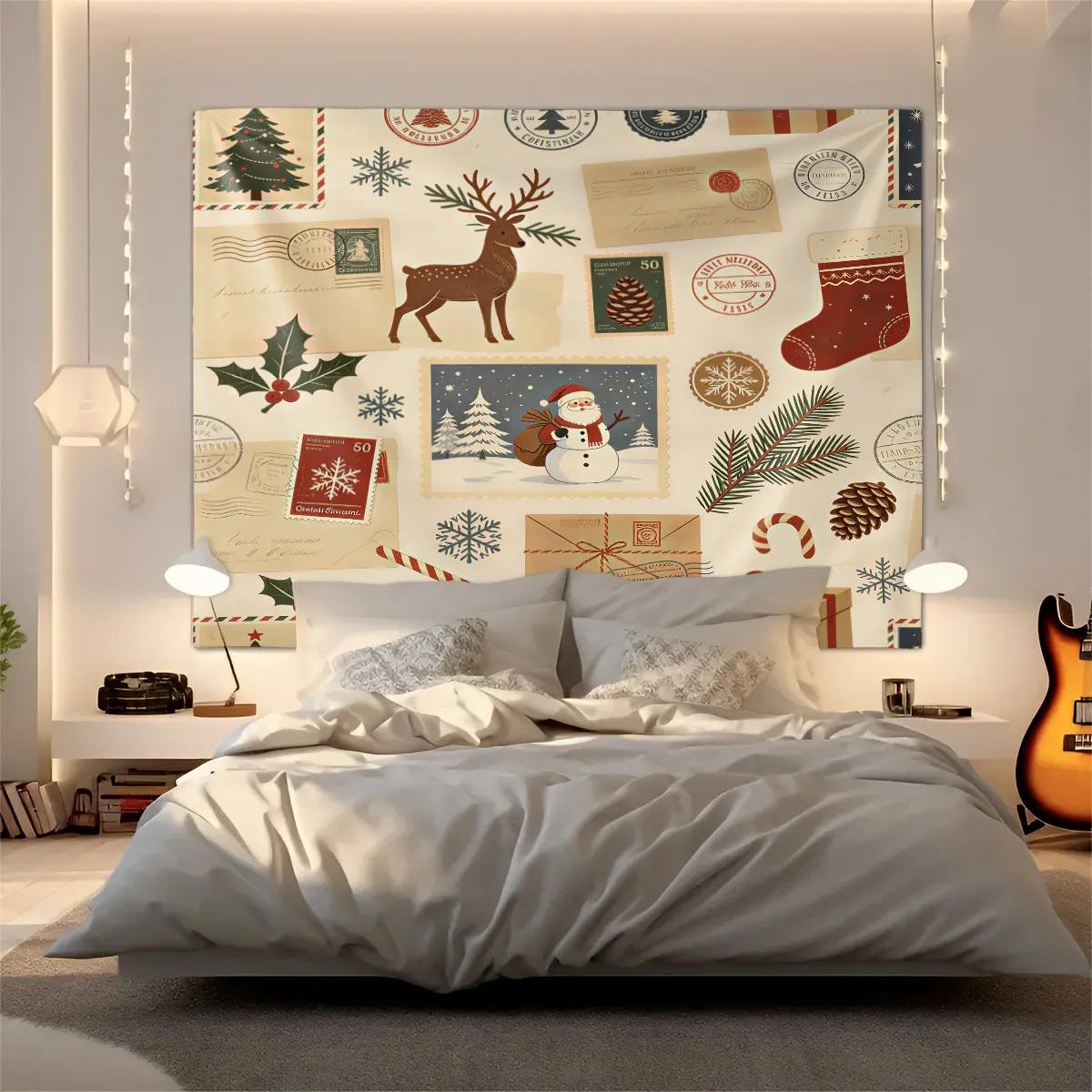 Christmas Printed Tapestry, Multi Style Xmas Element Wall Hanging, Vintage Rustic Hand Drawn Papercut Luxury Geometric Decor, Perfect Wall Ornament For Apartment Bedroom Dorm Home Aesthetic Decoration