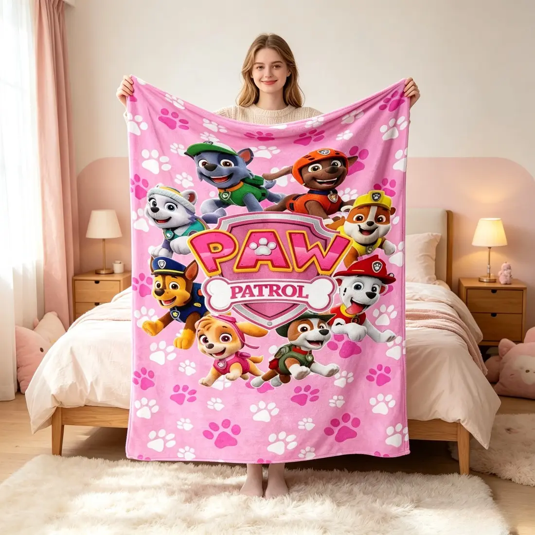 Pink Paw Patrol Flannel Throw Blanket - Cute Puppy Character Plush Kids' Girls' Cover, Soft Warm Sofa Bed Accessory, Ideal Birthday Christmas Gift for Fans