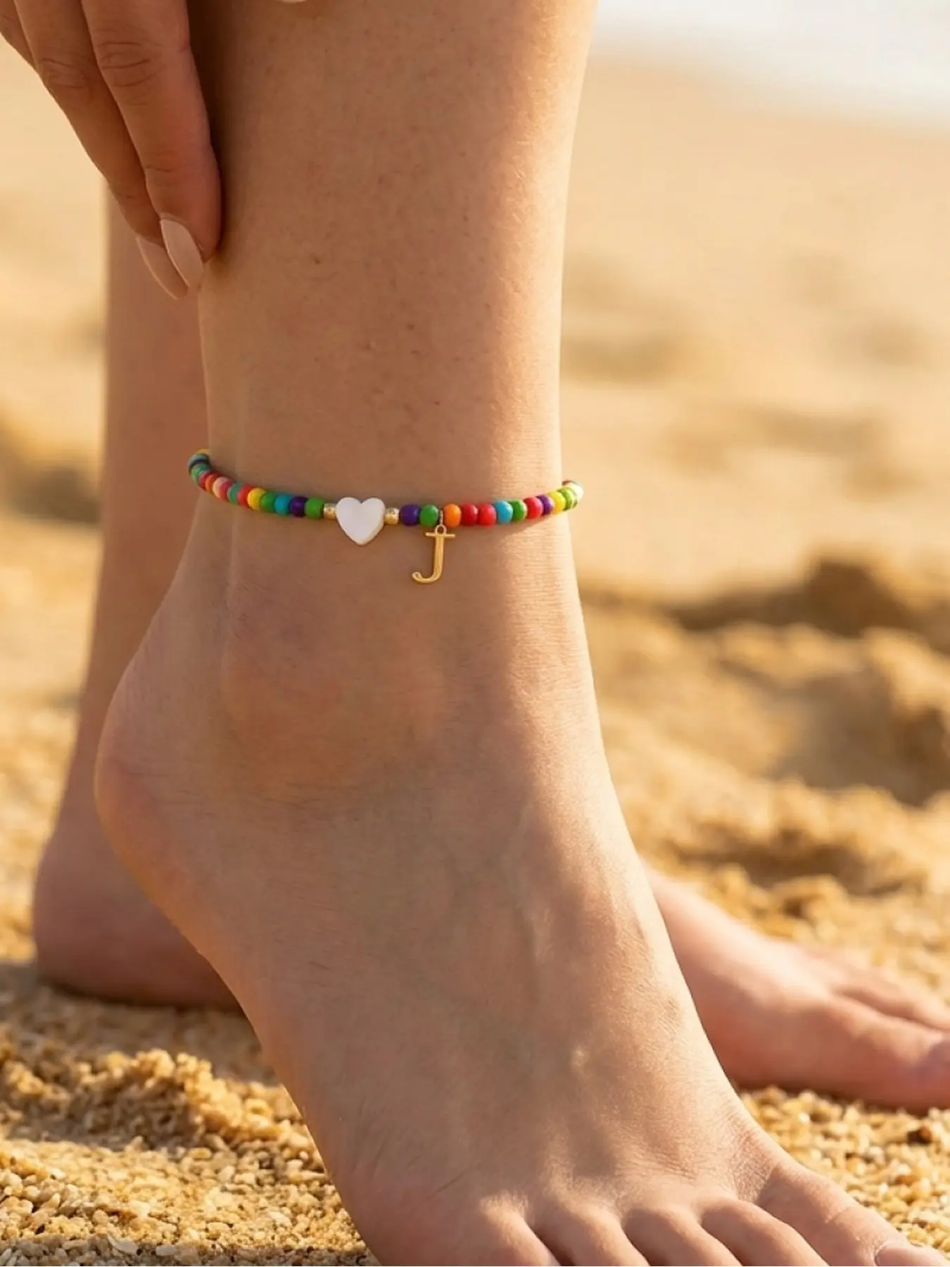 Rainbow Color Beaded Heart Initial Adjustable Ankle Bracelet, Bohemian Summer Foot Jewelry For Women, Beach Vacation Daily Statement Accessory, Custom Personalized Gift For Girls & Best Friends