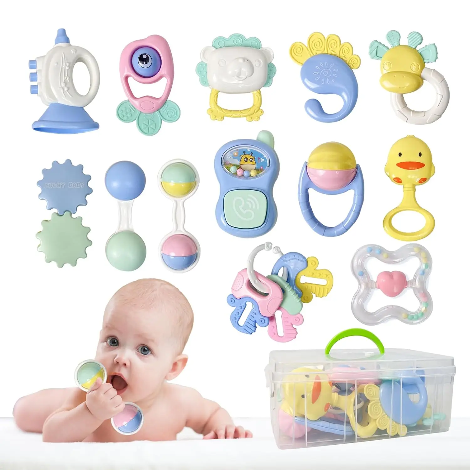 13PCS Baby Rattles 0-6 Months, Baby Teething Toys with Storage Case, Infant Toys 0-3-6-12 Months, Baby Girl Toys, Best Newborn Christmas Gift  Babies Infants Boy Girl New model