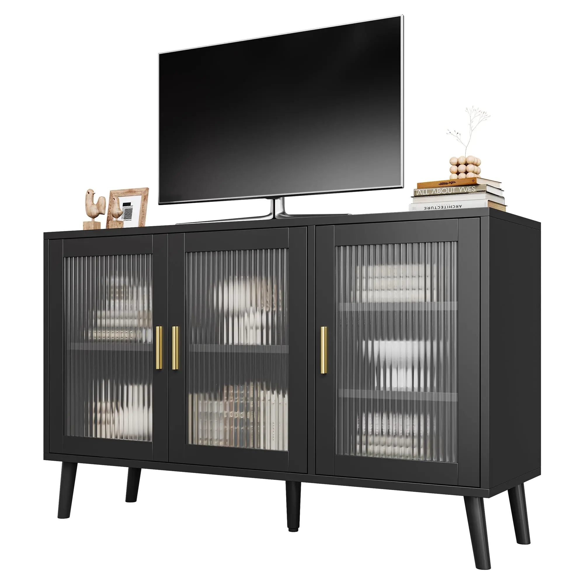 Garvee Sideboard Buffet Cabinet with Fluted Glass Doors, Kitchen & Dining Room Credenza with Removable Shelves, Decorative Storage for Living Room, Black