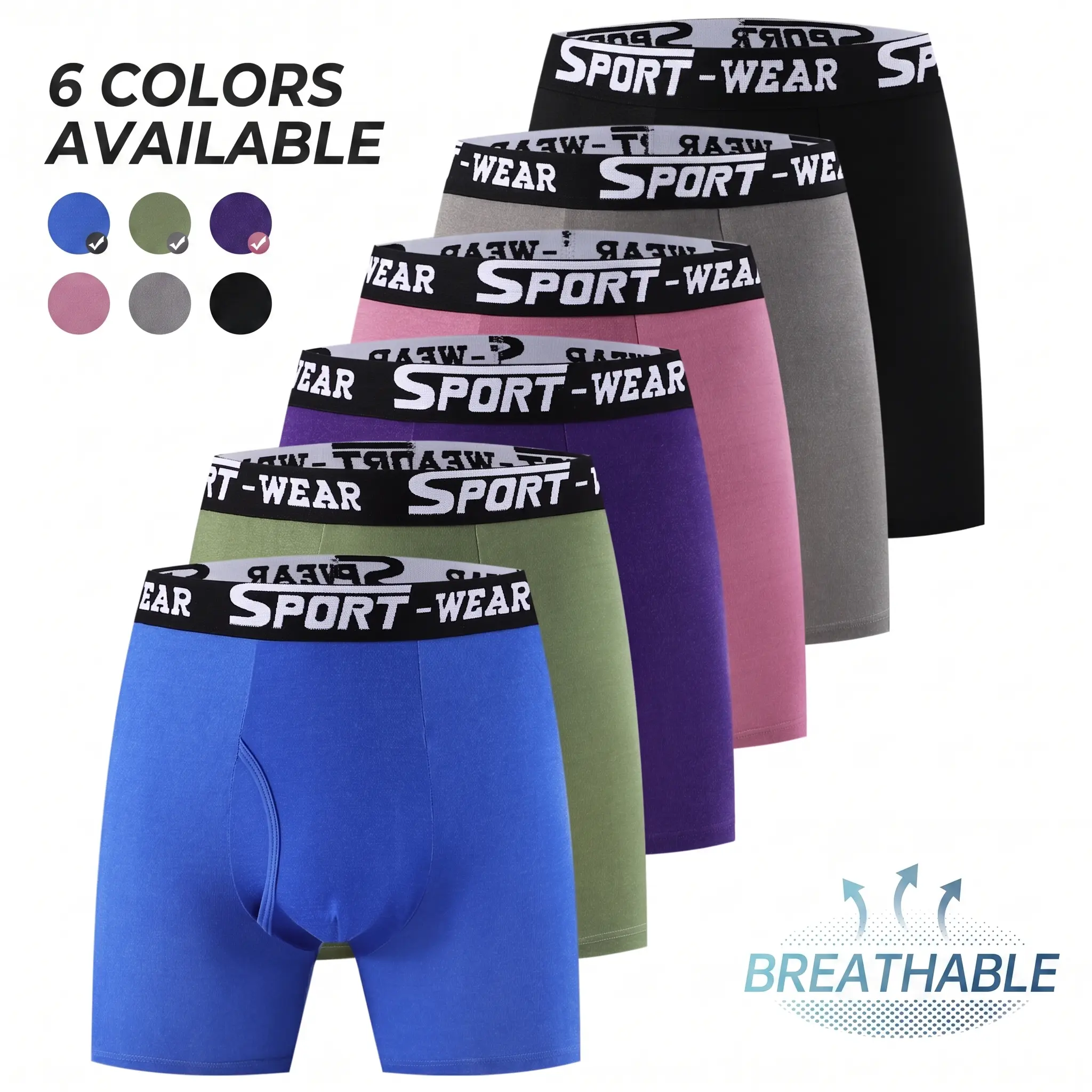 Men's Mid Waist Long Leg Boxer Brief Underwear 6-Pack - Breathable, High-Stretch Activewear with Anti-Chafing, No-Ride-Up Support Pouch for Gym, Daily Wear