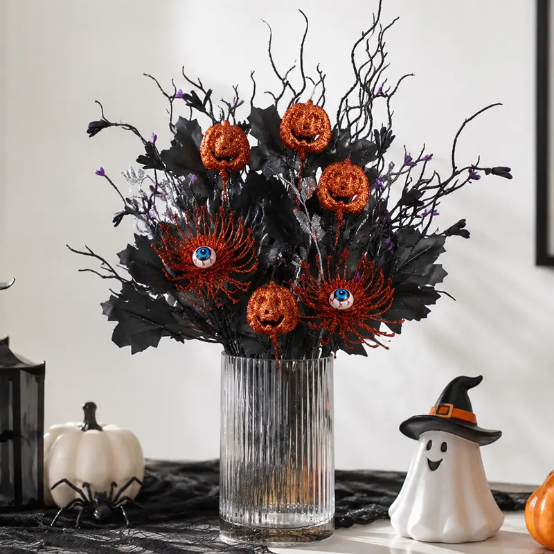 Creepy Maple Leaf Eyeball Pumpkin Flower Stems, Halloween Flower Stem Decorations, Halloween Home Table Decorations