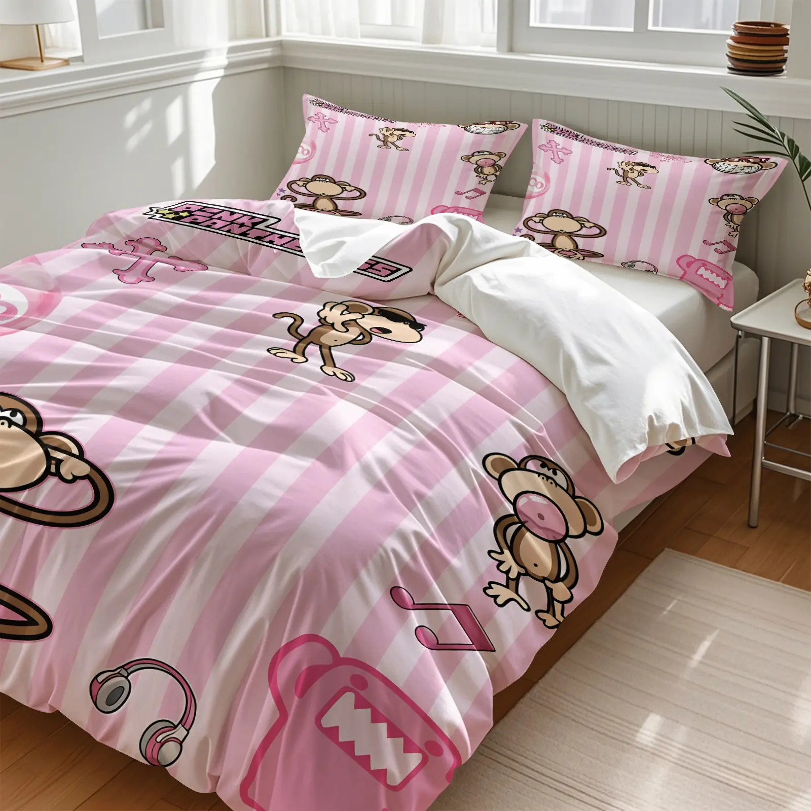 3PCS Pink Stripe Cartoon Monkey Duvet Cover Set (1 Duvet Cover + 1-2 Pillowcases), Cute Bubblegum Music Monkey Print, Skin-Friendly Soft Comfy All Seasons Summer Bedding Set, Ideal for Y2K Girly Bedroom Dorm Decor, Cozy Bedding Set Bed Sets Supplies