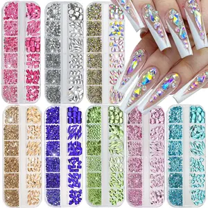 12-grid box mixed 8 styles flat back Bling Rhinestone nail rhinestones, including shiny aurora teardrop & heart shaped gems. Clear multi-facet glitter for DIY nail art, perfect decorative supplies for home manicure and salon gorgeous nail designs.