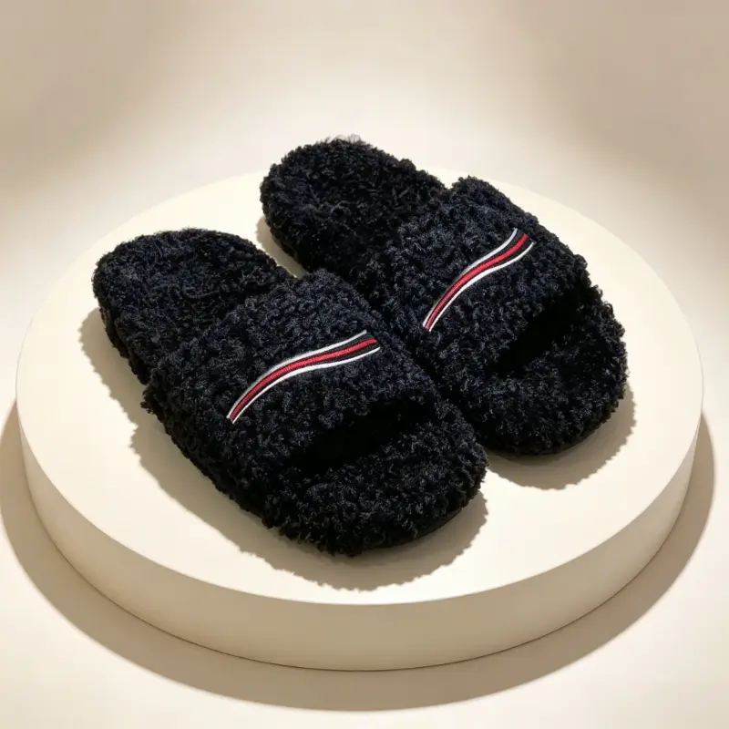 Black Curly Fuzzy Slide Slippers with Striped Embroidery, Cozy Fluffy Open-Toe Plush Slides, Warm Non-Slip Fashion Slippers for Indoor, Bedroom, Home & Casual Outdoor Wear | Sports Slide & Sandals
