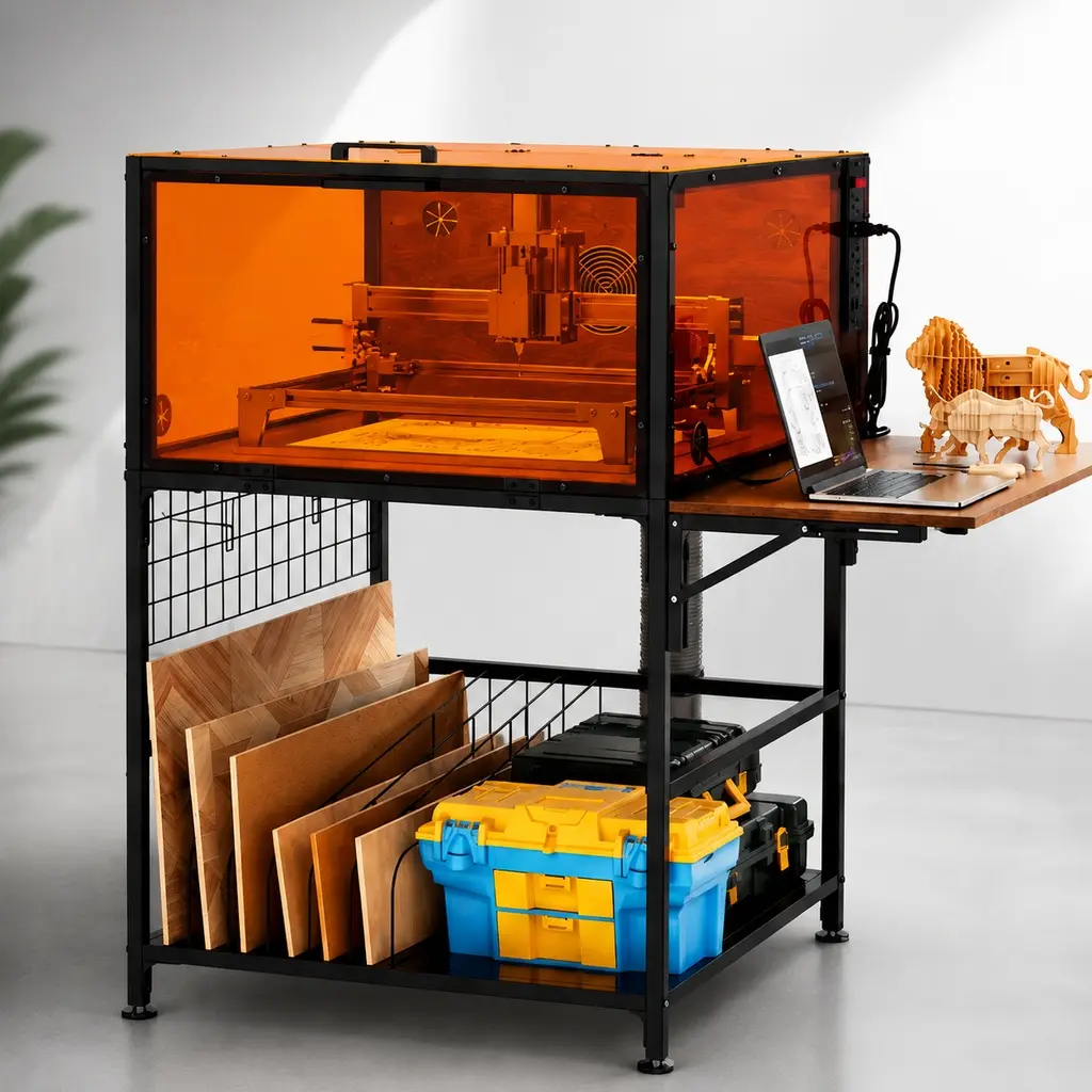 Black Tech-Integrated Laser Engraver Enclosure Cabinet - Heavy Duty Metal+MDF, 6000RPM Ventilation Fan, Folding Side Panels, Eye Protection Panels, Tool Storage Organizer, Cable Management, Power Strip, 29.30" W x 40.20" D x 40.70" H for Workshop Use