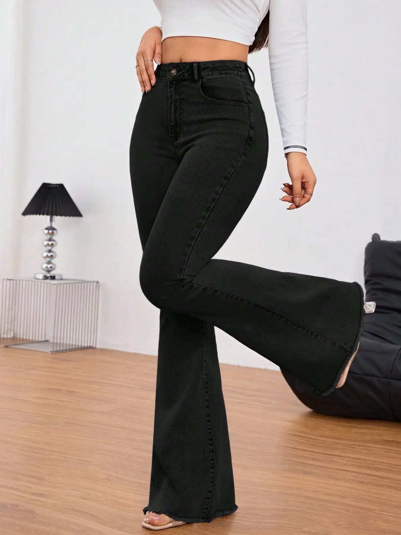 High-Waisted Flare Jeans for Tall Women, Stretch Fitted Long Pants, Casual Natural Waist Zipper Fly, All-Season Solid Style
