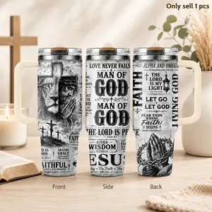 Man of God Christian Faith Vacuum Flasks 40oz 3rd Gen Vacuum Insulated Stainless Steel Tumbler with Handle, Straw Lid, Leak-Resistant Travel Mug for Water, Coffee, Gifts, Office, Gym & Car Cup Holder