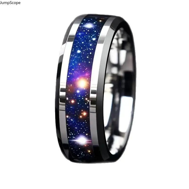 Band Ring with Polished MDF+Steel, Featuring a Cosmic Galaxy Pattern and Beveled Edge - Comfort Fit Wedding Band, Star, Rings, Accessories For Women, Daily, Round, Everyday, Unisex, Decorated Ring, Galaxy Print