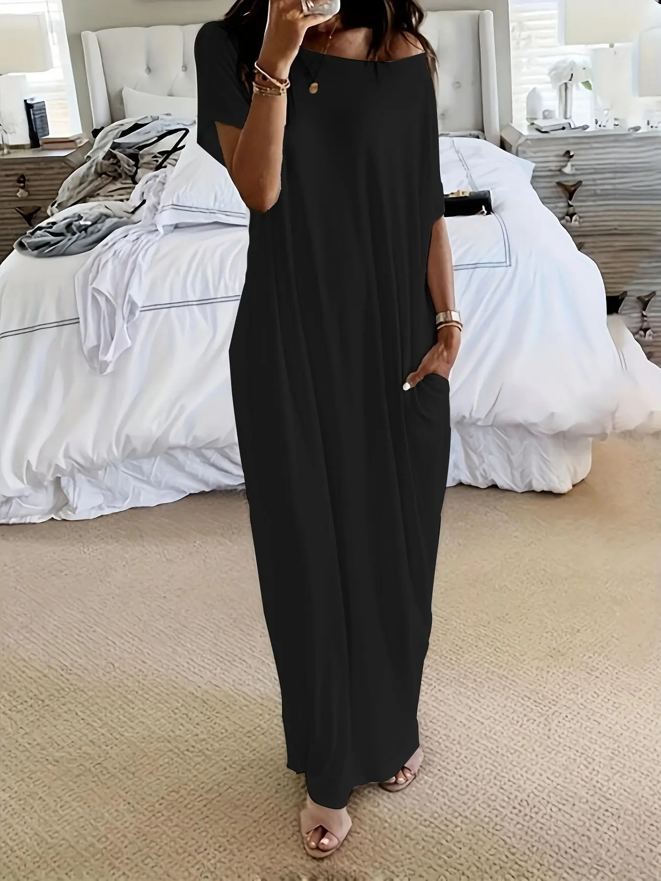Women's Casual Leaf-Print Dress, Loose-Fitting Bat-Sleeve Nightgown, Comfortable All-Season Sleepwear, Home Wear with Pockets, Loungewear