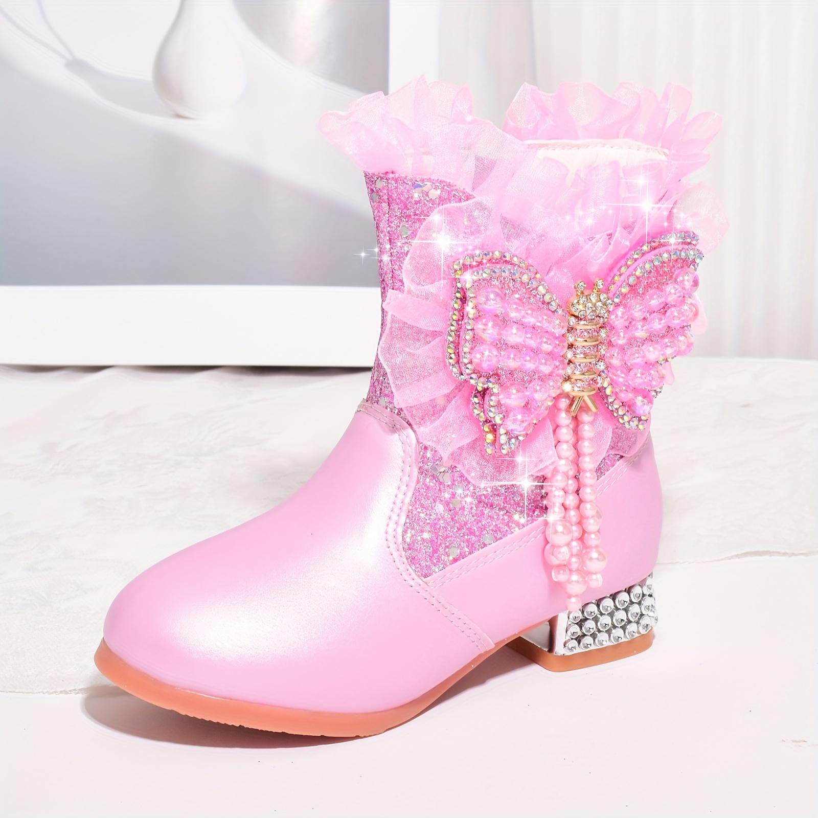 Warm Boots Winter Fleece Lined |                   Fashion Short Boots for Girls New Warm High Heel Princess Bowknot Daily Shoes