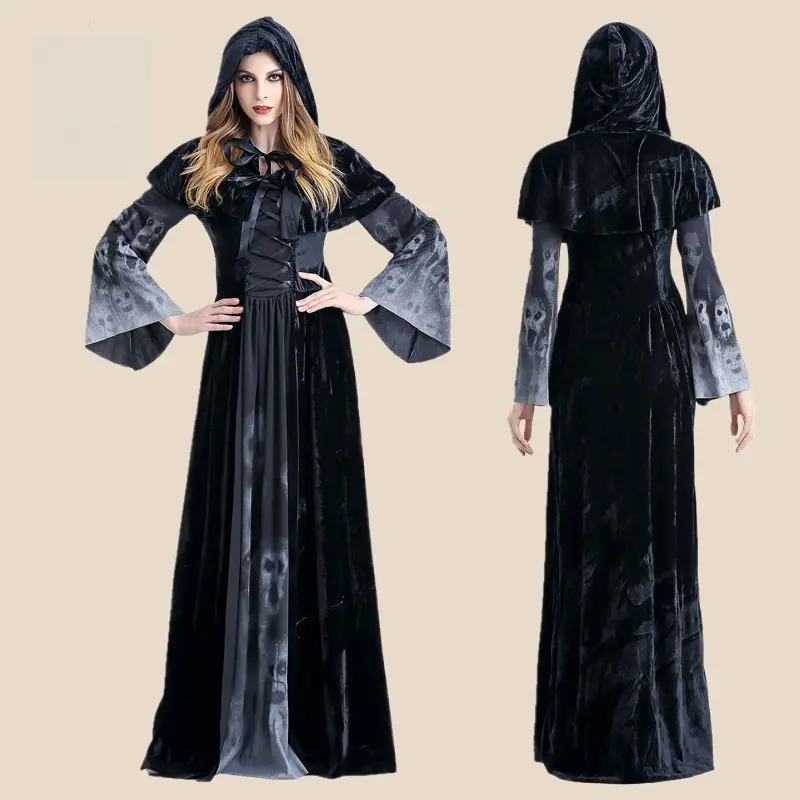 Halloween Skull Print Witch Hooded Long Dress European Vampire Queen Stage Performance Outfit