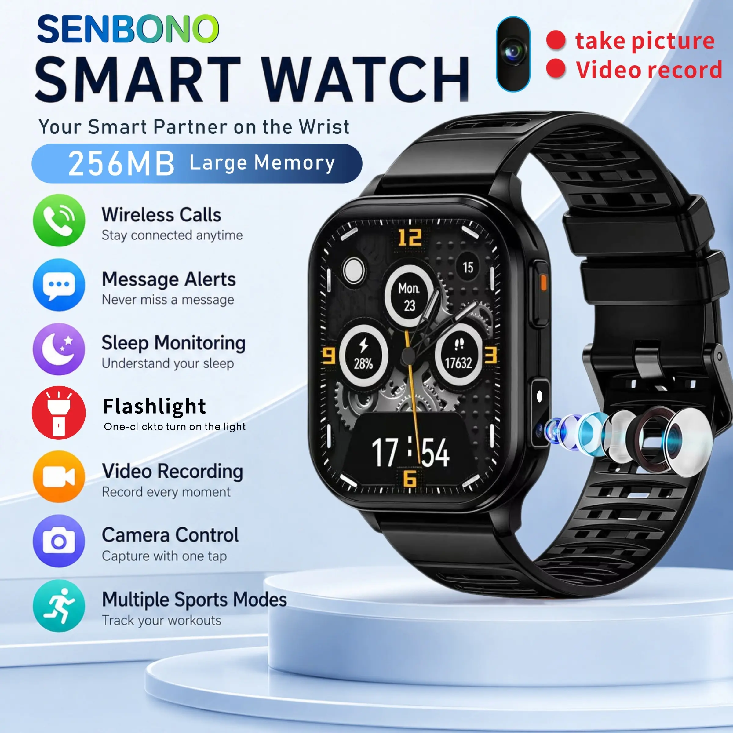 SENBONO smartwatch comes with a  camera that can take photos and videos, an LED flashlight that meets the needs of photo fill and daily lighting, 256MB large memory, recording, information reminder, operating dial, and wireless communication.