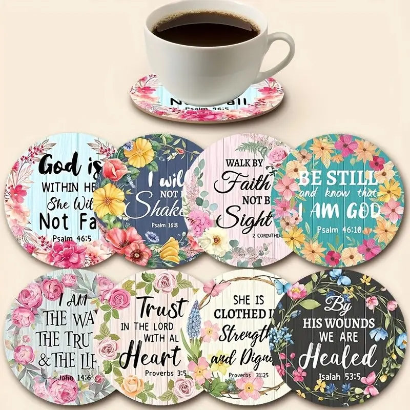 Christian coasters -8 pieces of Christian Bible scripture art coaster set, desktop protective pad, suitable for mugs and cups, offices, kitchens, faith themed gifts, Bible art works, faith inspired decorations, thickness 0.5cm