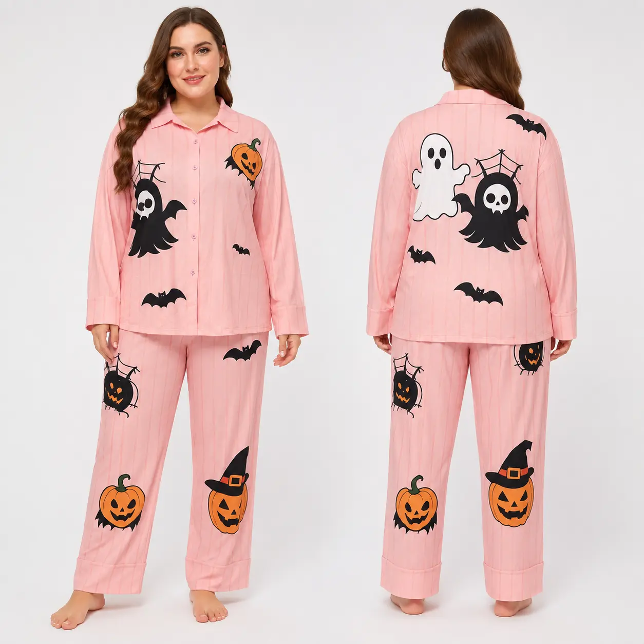 Women's Plus Size 2-Piece Knit Polyester Lady Pajama Set - Pink Vertical Stripe, Ghost-Pumpkin-Bat Print, Notch Collar Button Long Sleeve Top & Pants, Casual Comfy Fabric Spooky Halloween Loungewear Sleepwear
