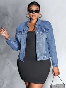 Women's Plus Size Vintage Denim Jacket, Elastic Fabric, Button Design, Retro Style, Daily Wear, Everyday, Casual, Fashionable Jacket, Coats, All Seasons