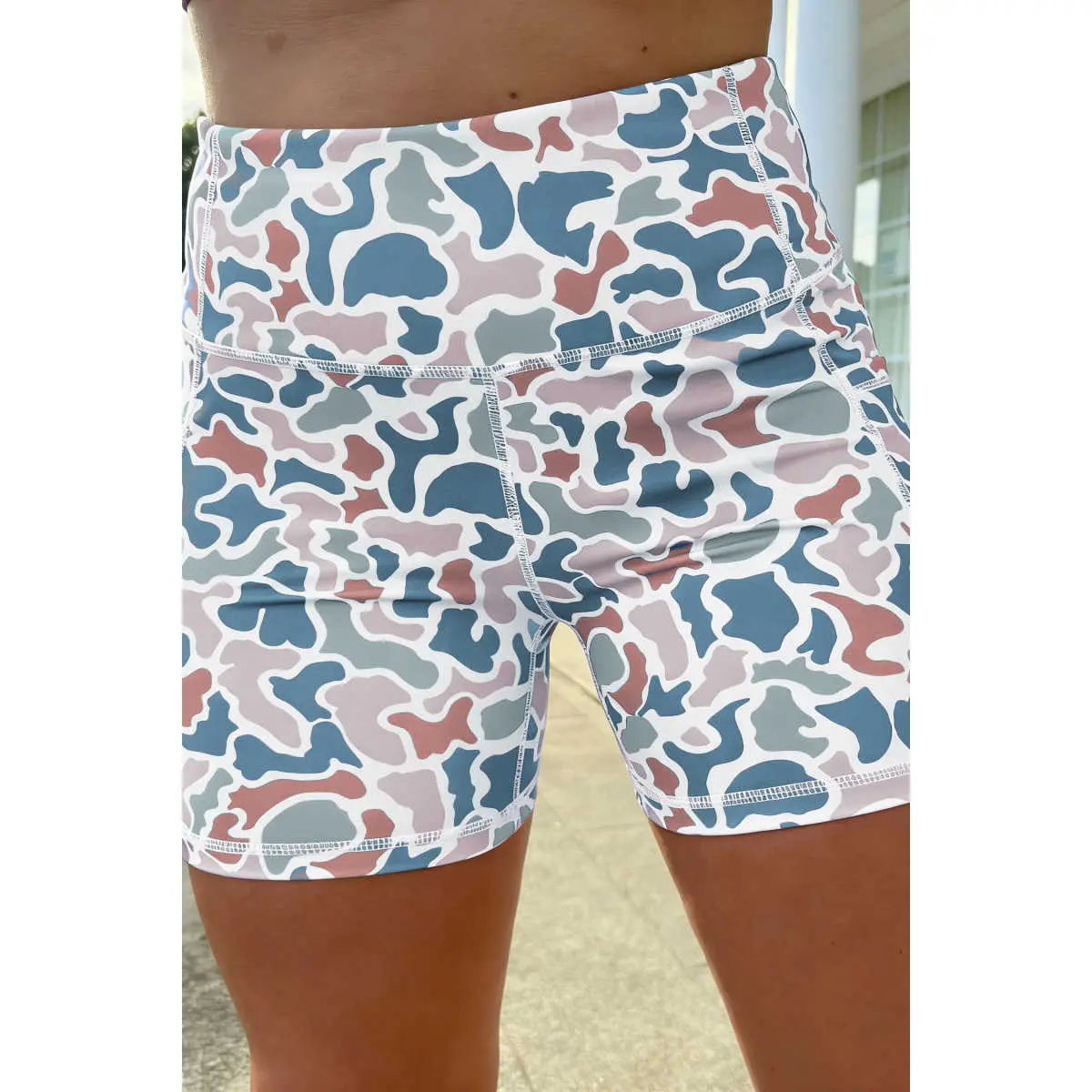Blue Abstract Camo Printed Seam Detail Biker Shorts