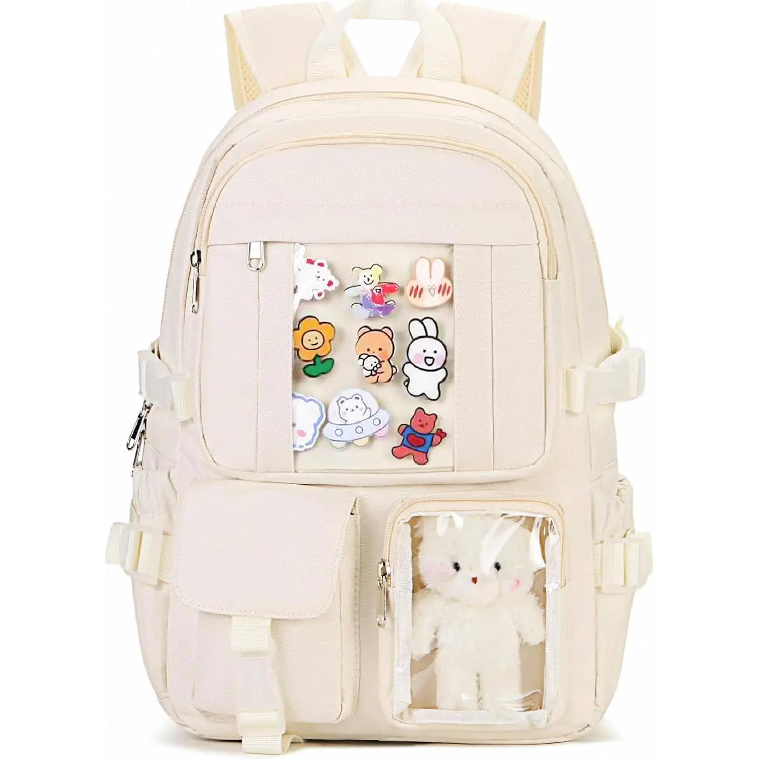 Medium Size Synthetic Kawaii Backpack for Teen Girls, Cute Aesthetic School Bookbag with Cute Accents for High Middle School & College, Beige, Book Storage