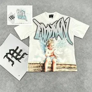 Mixed Emotion Washed Graphic T-Shirt for Men & Women, Embroidery Rhinestone Angel Print Oversized Cotton Tee, Vintage American Streetwear Y2K Hip Hop Short Sleeve Casual Summer Everyday Outfit