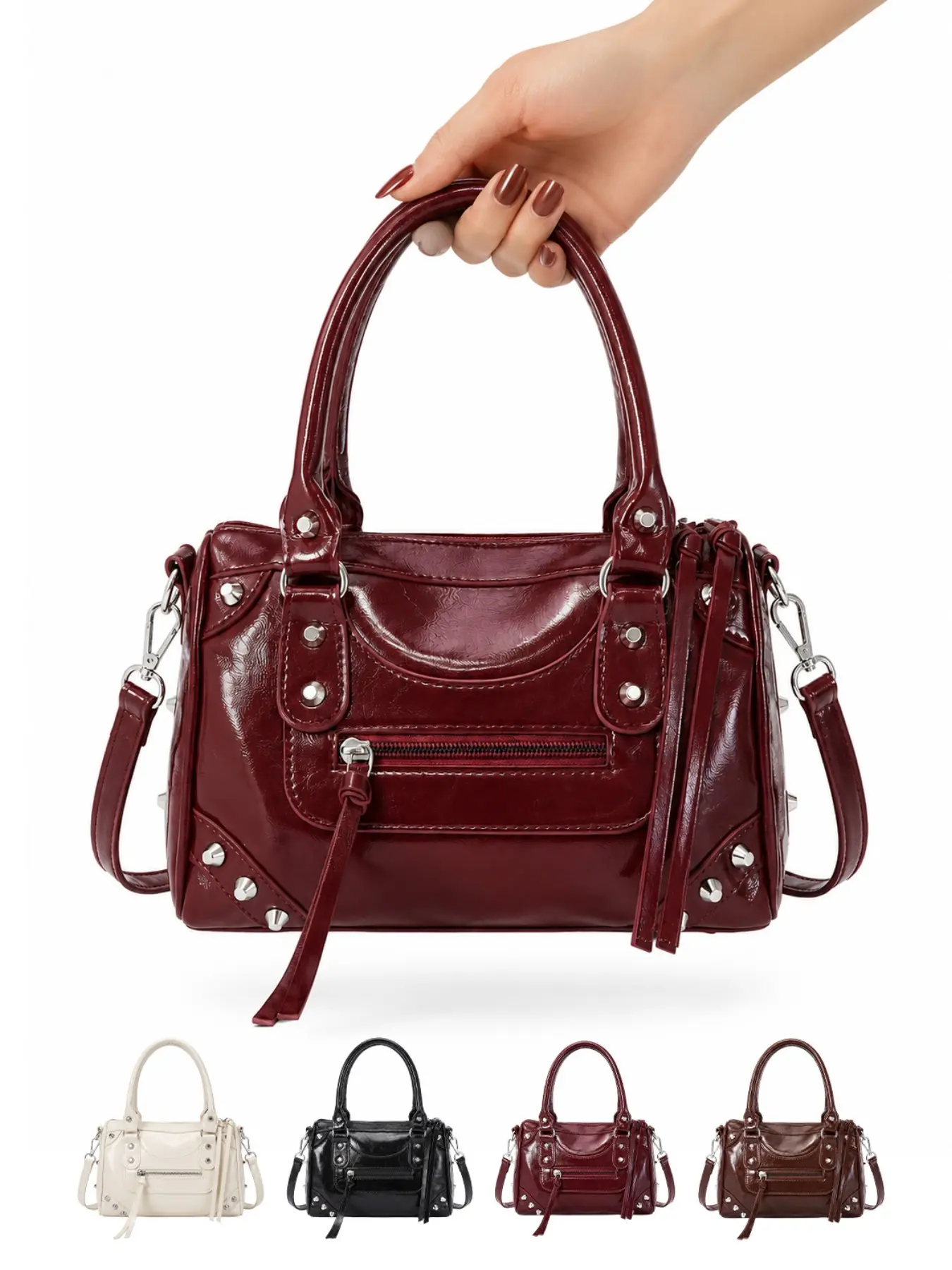 Vintage Y2K Studded Pillow Bag for Women, Glossy PU Leather Shoulder & Crossbody Handbag, Mini Boston Satchel Purse with Adjustable Strap, Chic Everyday Tote for Shopping, Travel, Work, Date Night & Streetwear Fashion Gift