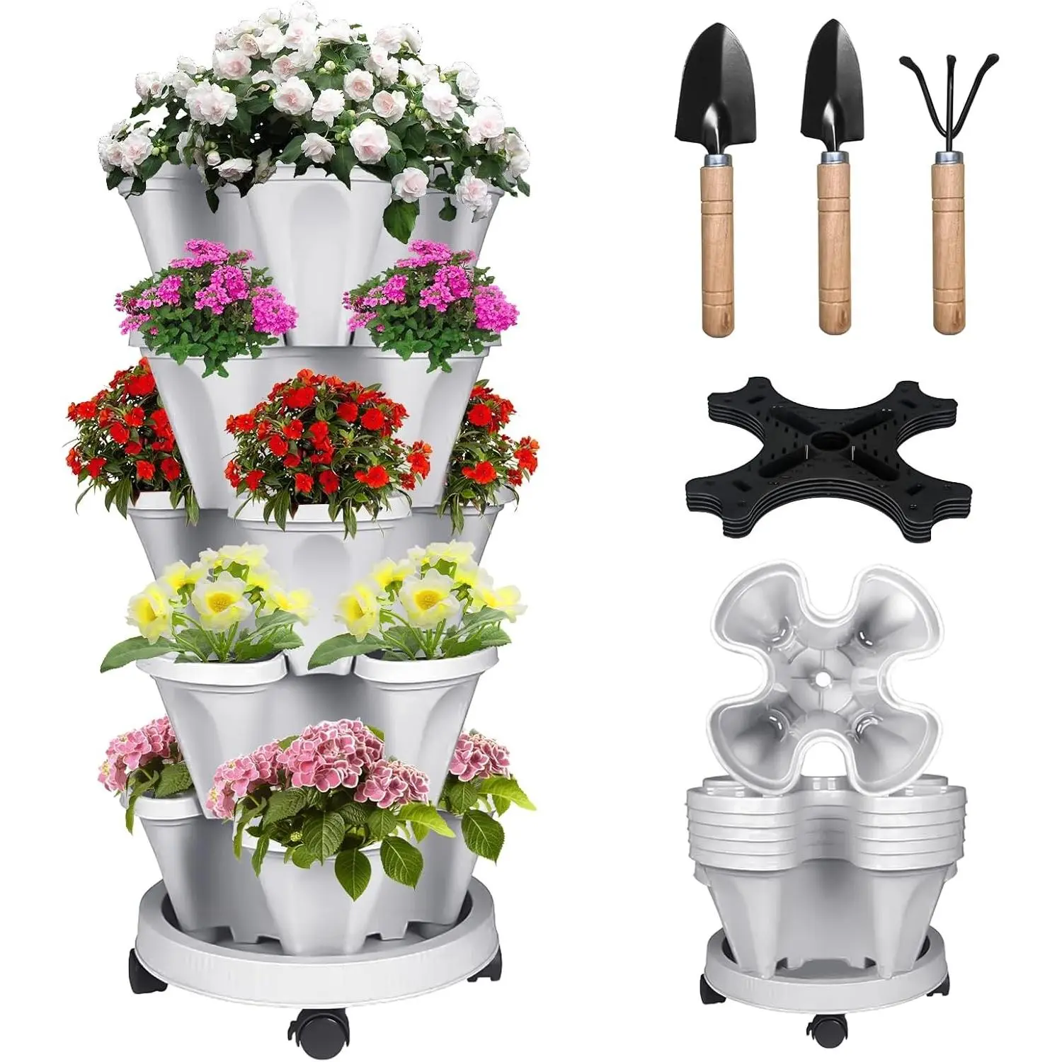 Vertical Strawberry Planter 5 Tier Stackable Tower Herb Planters-Stacking Garden Outdoor Planter Pot With Tools Mover For Succulents, Vegetables and Flowers