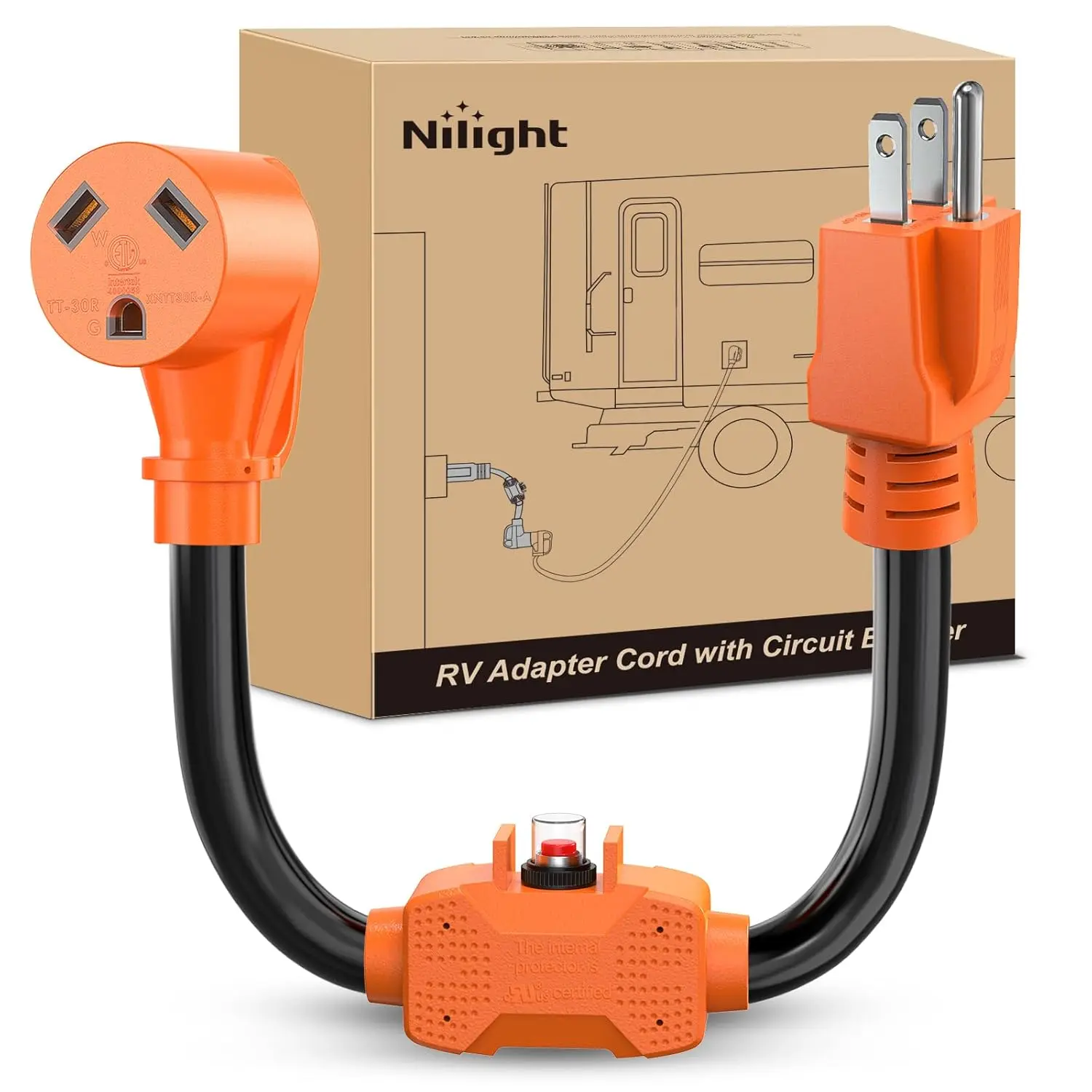 Nilight 30A RV Power Adapter Cord - 10-Gauge Pure Copper, 15A to 30A Plug, 1850W 125V Rated, ETL Listed, NEMA 5-15P to NEMA TT-30R Female, 18in Rainready Cord, Flame-Retard PVC, Overload Safe Circuit Breaker for RVs, Campers, 110V