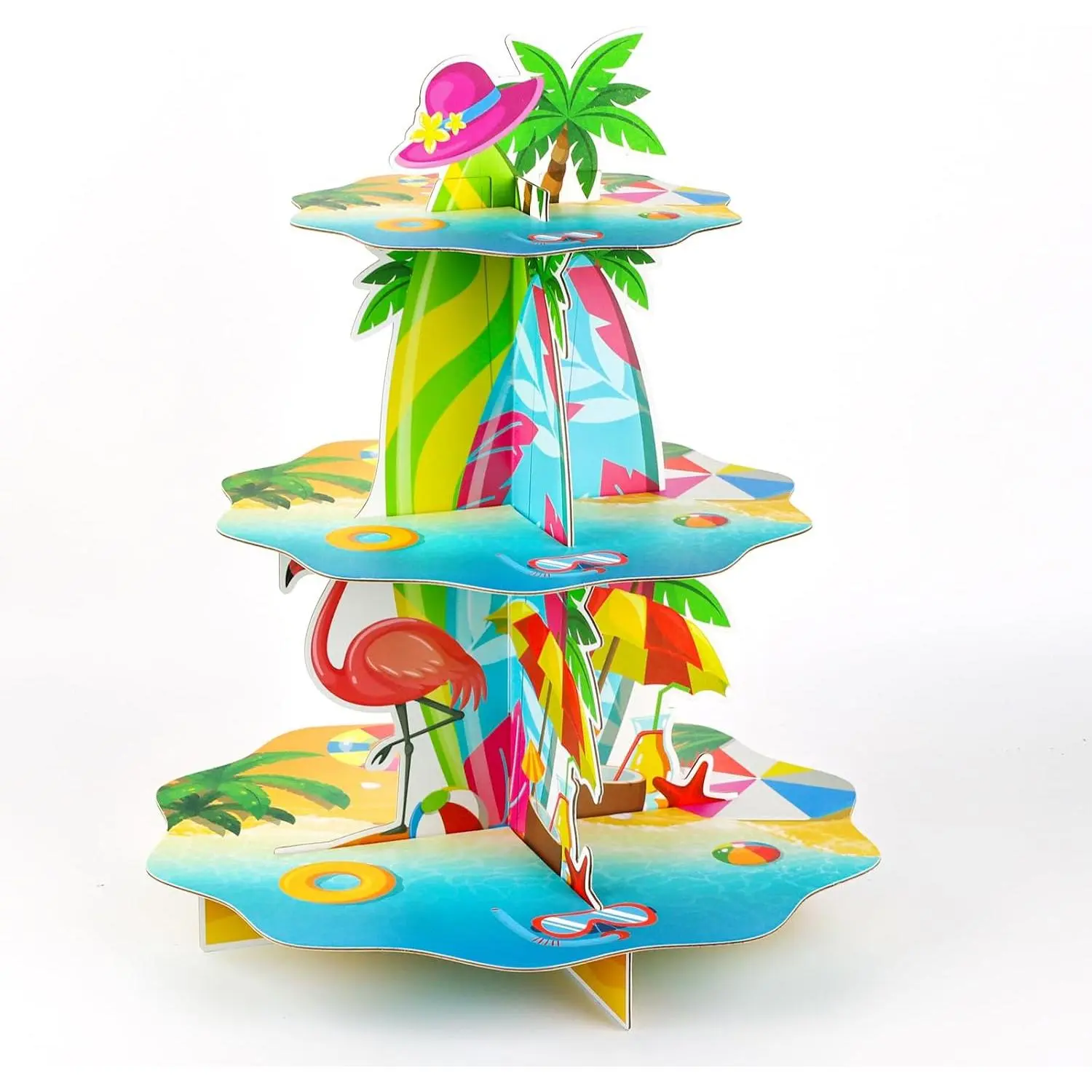 3-Tier Lightweight Sturdy Modern Tropical Print Cardboard Cupcake Stand, 14.7"h Tropical Dessert Tower, Hawaiian Luau Summer Beach Theme Holder for Birthday & Shower Party Supplies
