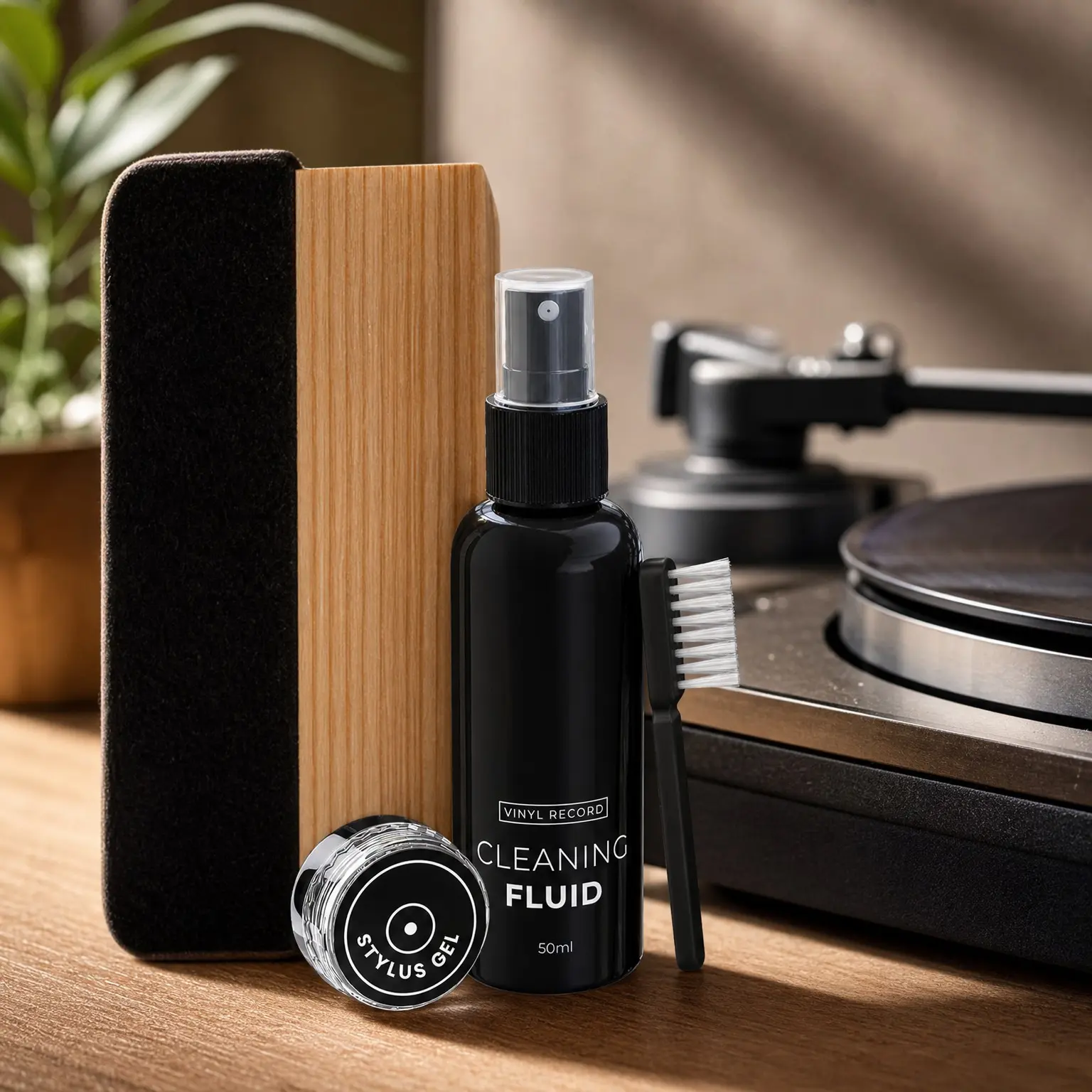 4-in-1 Premium Vinyl Record Cleaning Kit with Velvet Brush, Vinyl Cleaner Liquid, Duster & Turntable Stylus Gel