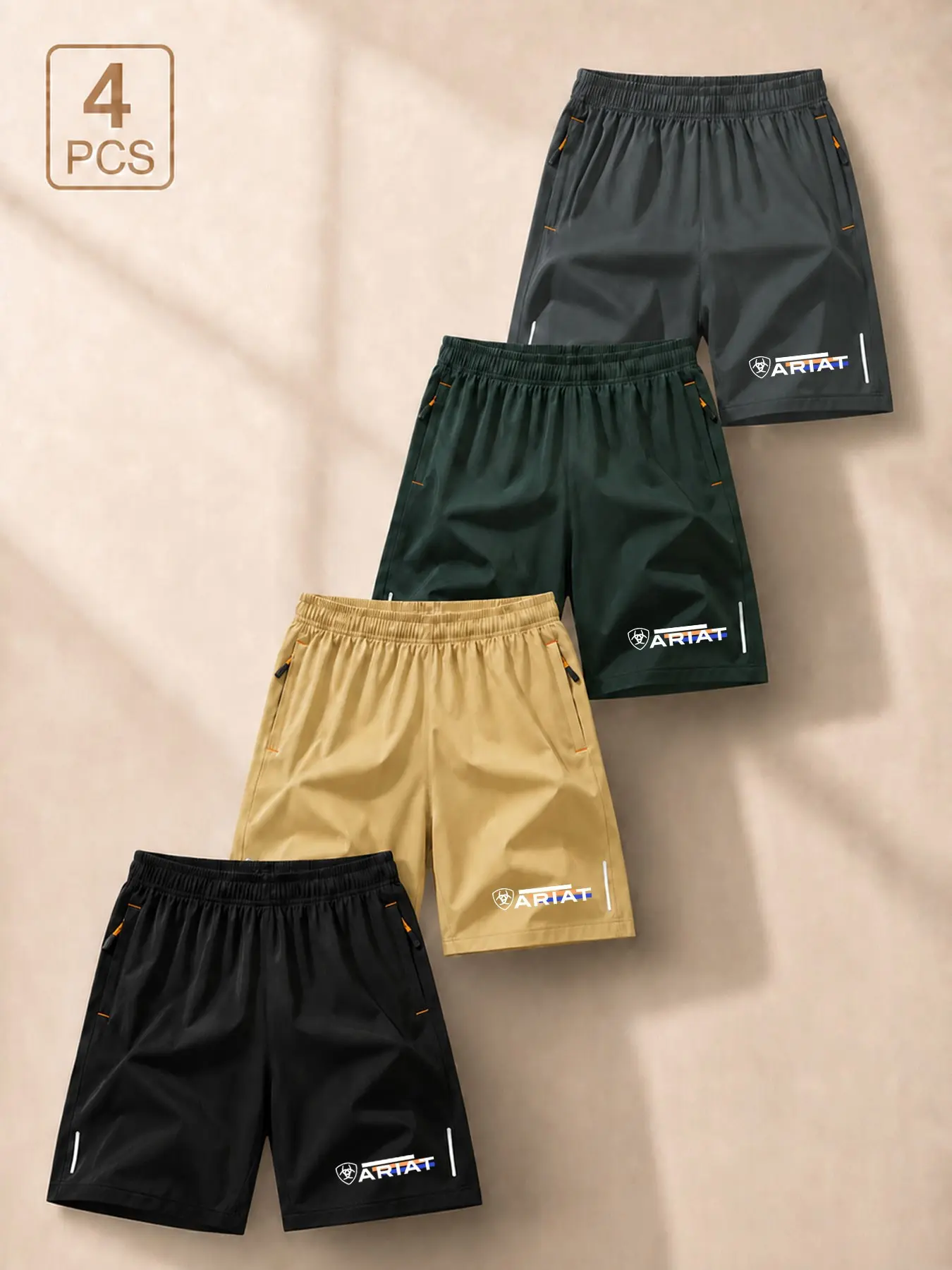 Ariat Men's Sporty Five-Quarter Shorts, 4-Pack, Ice Silk Quick-Dry, Breathable, Western Casual, Running, Fitness, Commute, Drawstring, Zip Pockets
