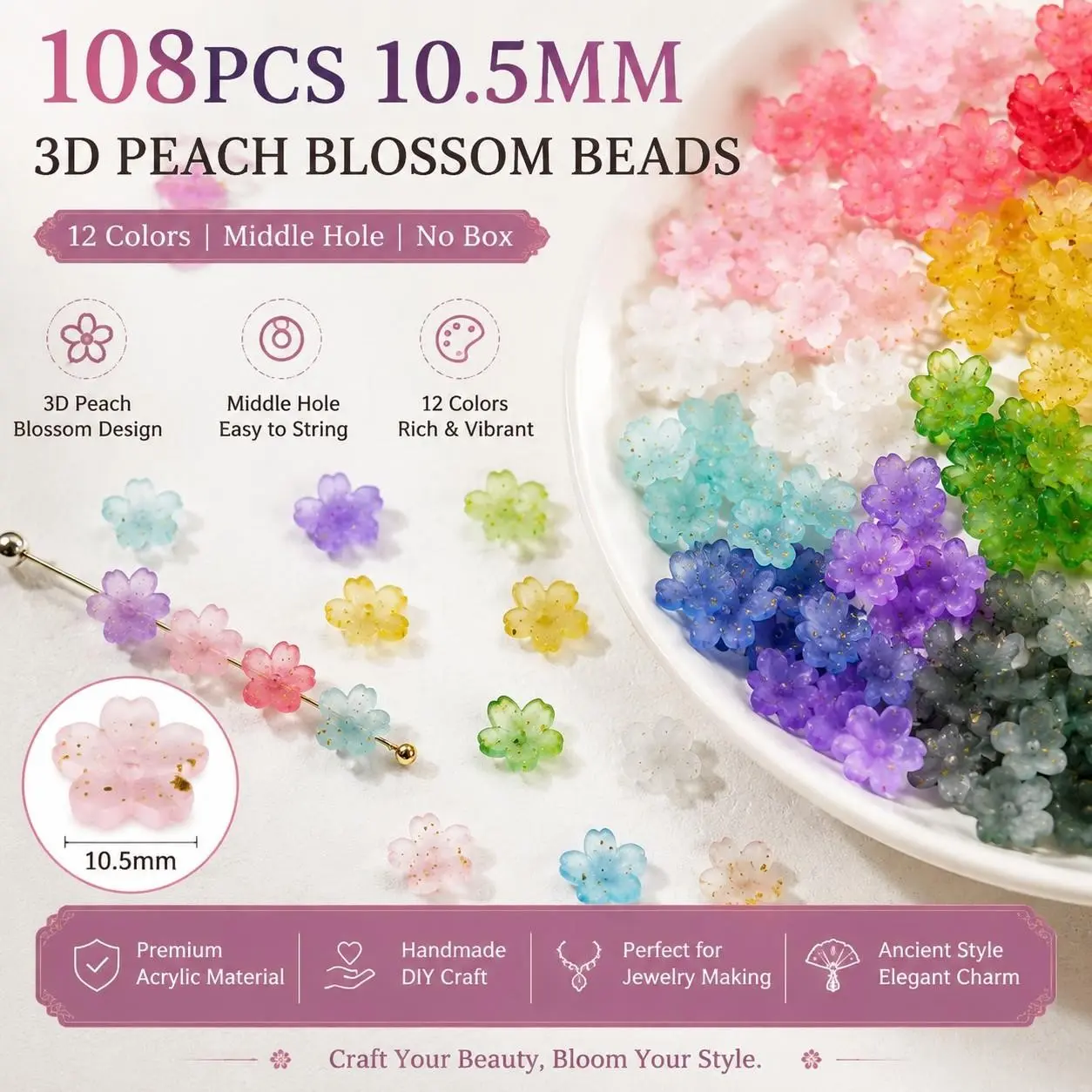 108pcs 10.5mm Multicolor Peach Blossom Beads, DIY Beads Assortment, DIY Antique Style Hairpins, Handmade Jewelry Making Supplies, DIY Craft Embellishments, No Box Included