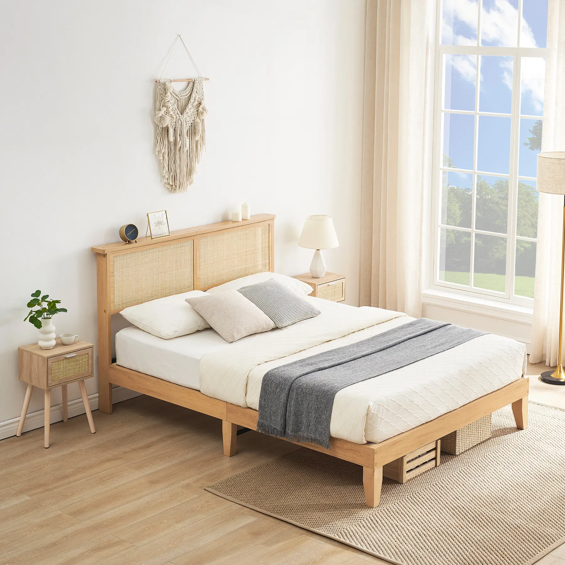 Rattan Bed Frame with/without  LED Lights & Natural Headboard, Bohemian Platform Bed Frame with Natural Grass Rattan Headboard, No Box Spring Needed, Easy Assembly