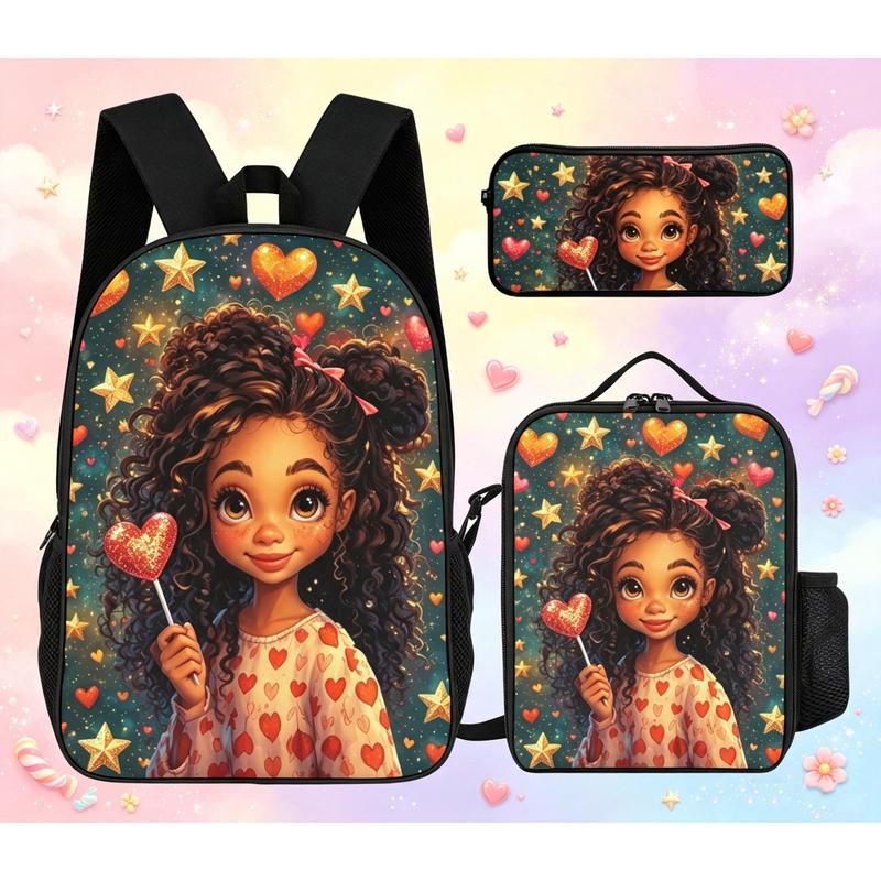 Women's Casual Printed Fun Print Pattern Backpack Set - 3-Piece Luggage with Zipper Lunch Bag, Zipper Pencil Case, Functional Backpack for School Female Students
